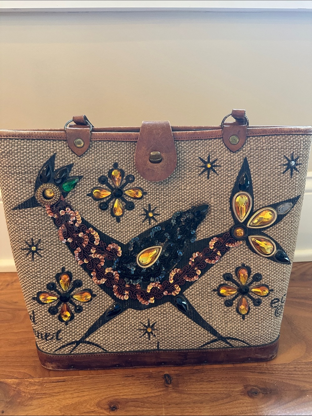 Beige Embellished Tote with Jewel Bird Design